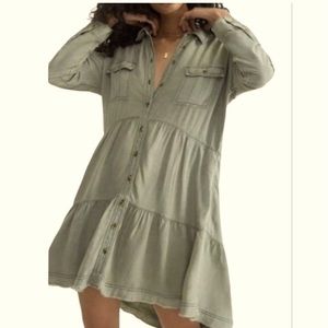 Anthropologie Pilcro Deanne Tiered Shirtdress Green Linen Long Sleeve Sz Medium